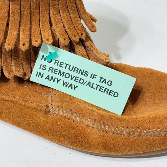 Minnetonka Womens Double Fringe Suede Studded Moccasin Boots Side Zip Sz 7 Tan - Picture 10 of 11